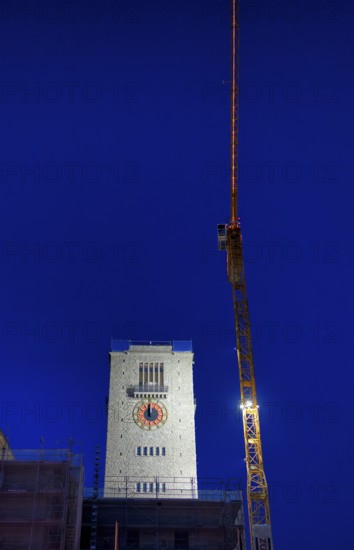 Night view, Alter Bahnhof Bonatzbau, station tower construction cranes, Züblin, construction site,