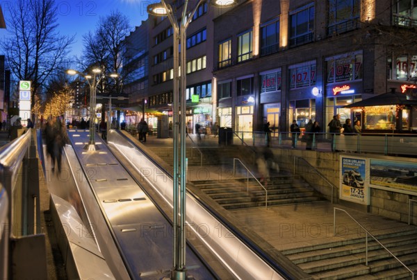 Night view, escalator, staircase, conveyor belt, city, staircase to the pedestrian zone,
