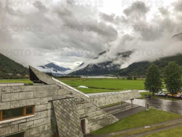 Fjærland, Vestland, Norway, concrete building of the Norwegian Glacier Museum Norsk Breecenter in a