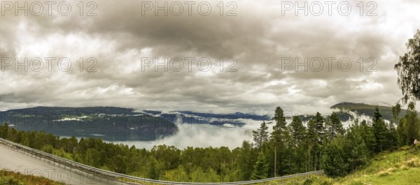 Utvik, Vestland, Norway, panoramic view of foggy mountain slopes and a dense forest under cloudy