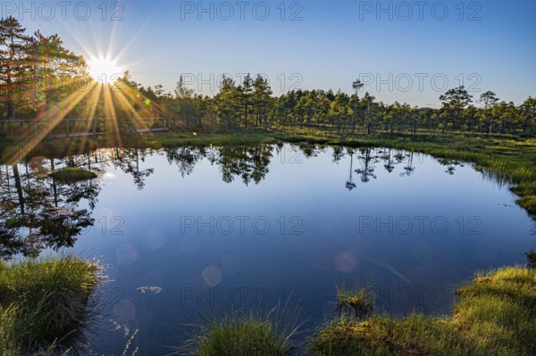Hällefors, Örebro, Sweden, sunset over a lake with a clear reflection of the trees and a glowing