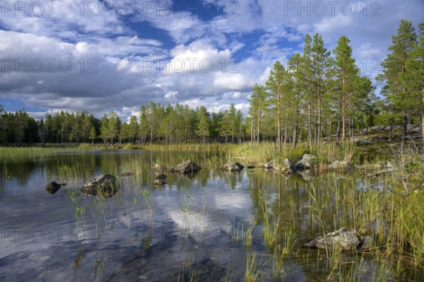 Torsborg, Jämtland County, Sweden, reflecting lake with rocks and forest in sunshine under cloudy