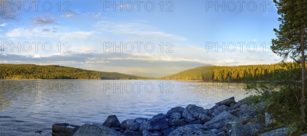Panoramic view of Gutulsjön lake with surrounding forests under blue skies, Gutulia National Park,