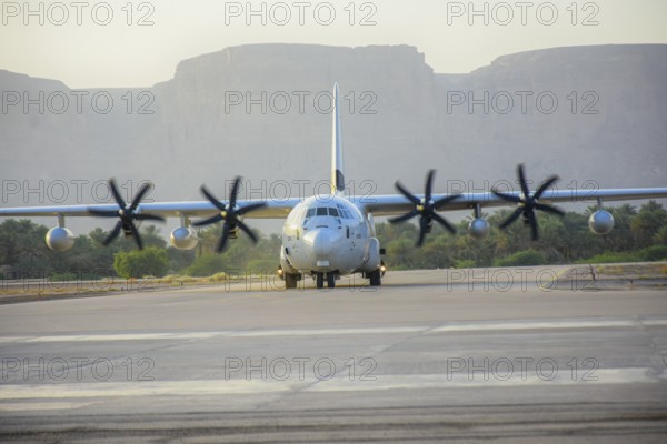 In Seiyun, Yemen on January 04, 2026, a Royal Saudi Air Force transport aircraft arrives at Seiyun
