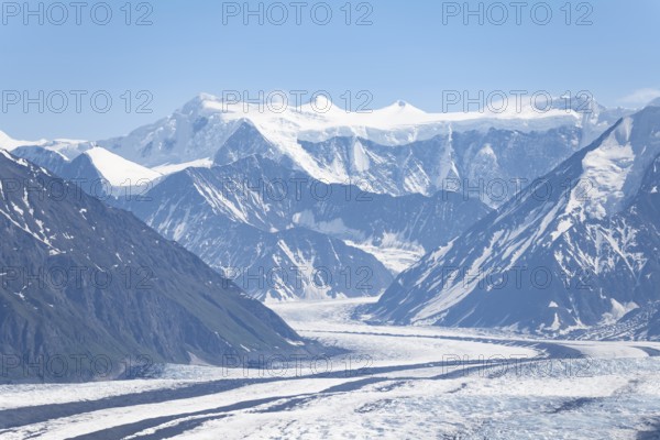 View of impressive mountain landscape with Matanuska glacier and glaciated mountain peaks, Lion's
