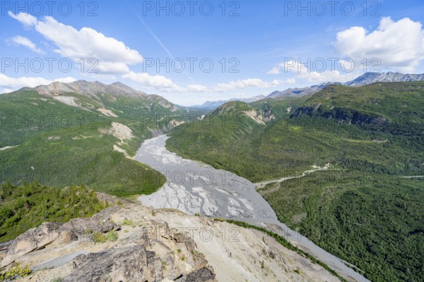 View of impressive mountain landscape with Matanuska River, Lion's Head, Chugach Mountains, Alaska,