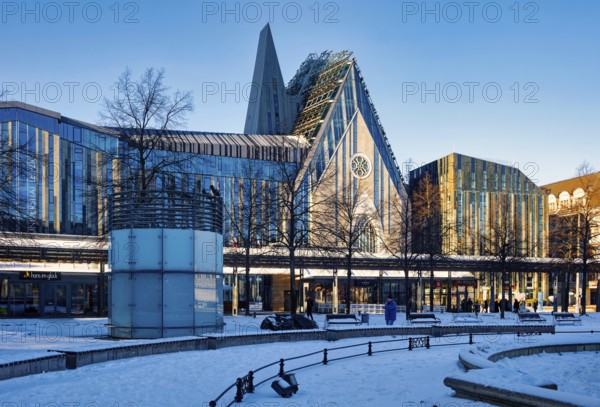 University of Leipzig, lecture hall building and Paulinum on Augustusplatz in winter with snow,