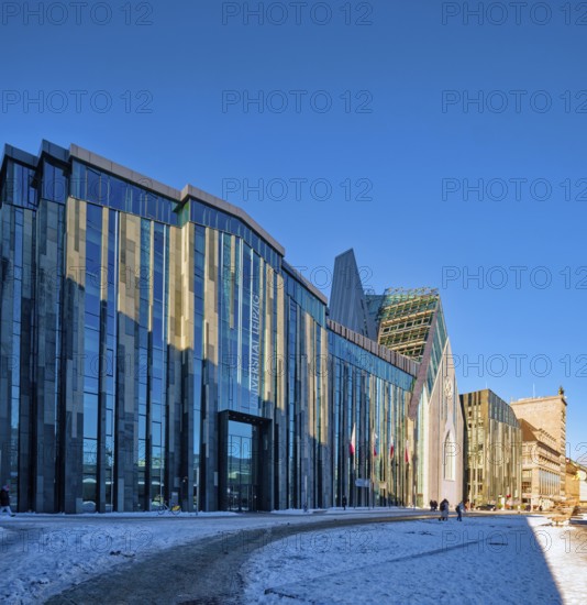 University of Leipzig, lecture hall building and Paulinum on Augustusplatz in winter with snow,