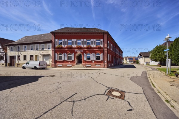 Grafenhausen Town Hall, façade with windows, shutters and cellar hatches, stairway, flower boxes,