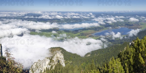 Panorama from Tegelberg, 1881m, of the cloud-covered Forggensee and Bannwaldsee, Ostallgäu,
