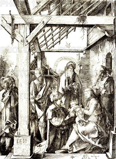 The Magi give presents to the Christ Child, sage from the East, based on a woodcut by Albrecht