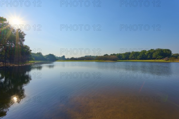 A calm lake with a clear reflection, surrounded by trees under blue skies and sunshine, Fazenda