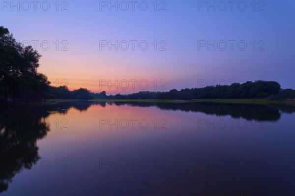 The lake reflects the purple and pink morning sky, framed by dark tree lines, Fazenda Barranco