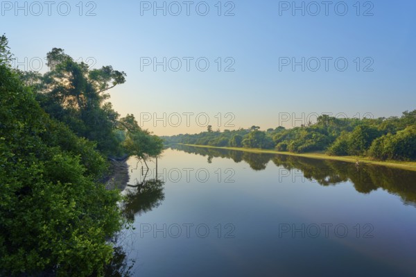 Bright blue and green over a quiet river lined with trees early in the morning, Fazenda Barranco