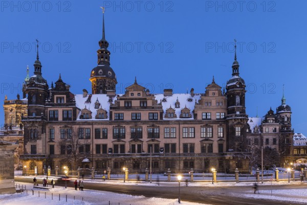 Royal Palace on a winter evening, exterior view with snow, Dresden, Saxony, Germany