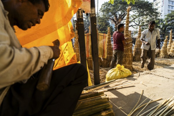 Vendor prepare Meji (Bonfire) for sell, as part of preparations ahead of the 'Magh Bihu' festival,