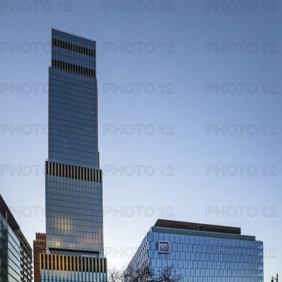 Detroit, Michigan - General Motors' new headquarters (right) in the Hudson's Detroit development.