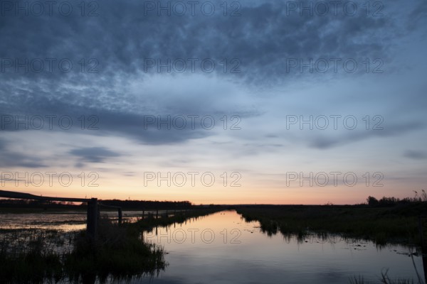 A wide area of water on the edge channel at Dümmer See reflects the soft light of sunset on the