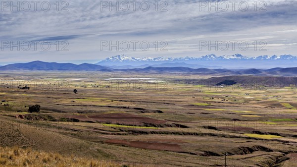 Wide plain with mountains and clouds on the horizon, The Altiplano landscape in the Andes of