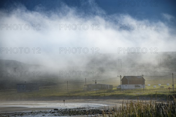 Foggy coastal landscape with scattered houses and quiet atmosphere at dawn, Kiberg, Finnmark,