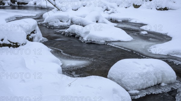 Snowy river Ilse in the Harz National Park with frozen banks in a wintry landscape on the