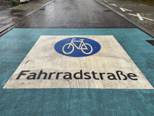 Marking, traffic sign bicycle road, bicycle road, logo, on asphalt of a rain-wet road, Bad