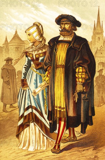 Elegant couple at the time of minstrels, man and woman, bourgeoisie, wealth, cloak, cap, roll of