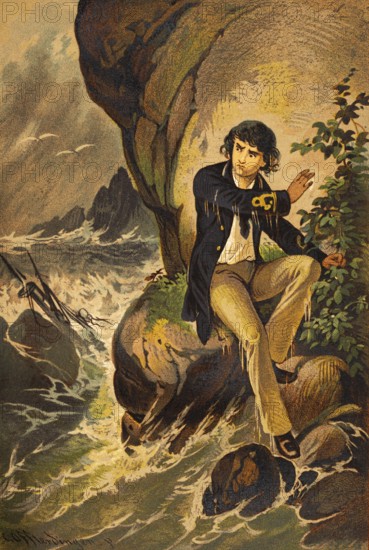 Young man stranded on deserted island, fairy tale picture, storm, sea, high swell, shipwreck,