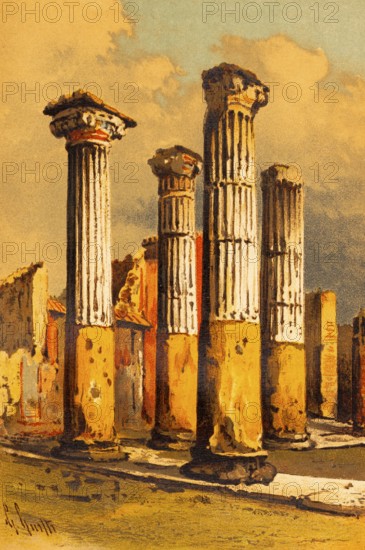 Pompeii or Pompeii, house of colored column capitals, wide column head, Roman building style, color