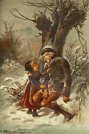 Young girl, 4 to 6 years, saves old man from freezing to death, cold winter, snowy landscape,