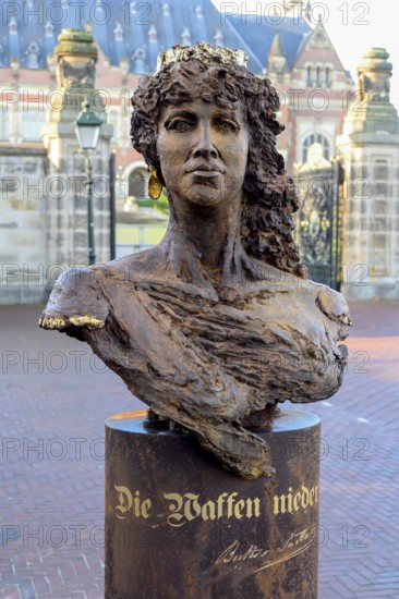 Bust of Bertha von Suttner (1843-1914), Austrian writer and pacifist in front of the Vredespaleis,