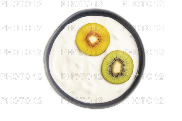 Yogurt, with kiwi in blue bowl isolated on white background, top view, flat lay, close up,