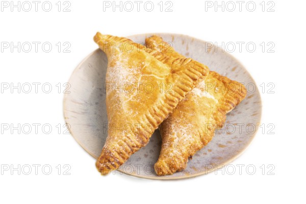 Triangles Pie, Puff Pastry, Samsa with cherry jam isolated on white background, side view, close up