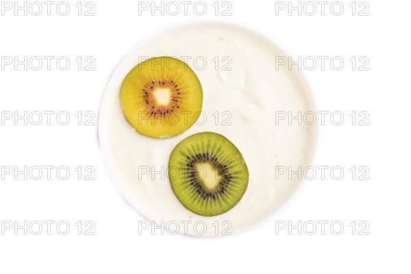 Yogurt with kiwi in white bowl Isolated on white background, top view, flat lay, copy space,