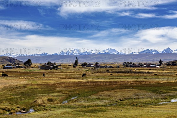 Landscape with snow-capped mountains in the background, village and fields in the foreground under