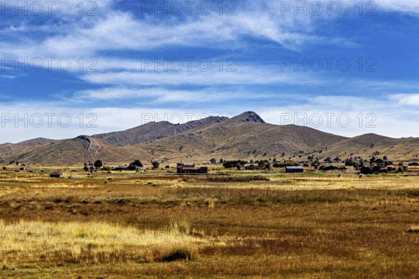 Wide fields and hills under a clear blue sky, The Altiplano landscape in the Andes of Bolivia