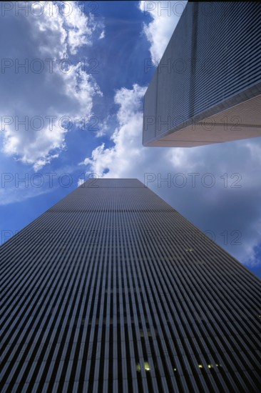 World Trade Center towers, cloudy sky, September 2000, New York City, USA, historical photo, towers