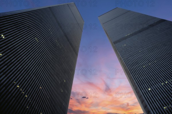 World Trade Center towers in the evening sky, September 2000, New York City, USA, historical