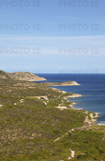 Coast at Punta de la Revellata, behind the lighthouse, Calvi, Haute Corse Department, Corsica,