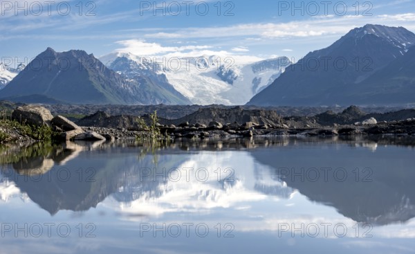 Mountain landscape reflected in glacial lake, Mount Blackburn and Kennicott Glacier, McCarthy Road,