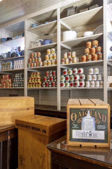 Interior view, historic restored Kennicott shopping store with historic goods display, retro food