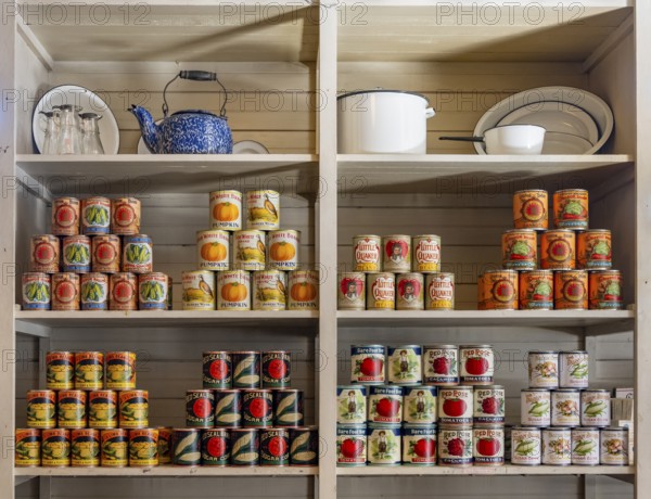 Interior view, historic restored Kennicott shopping store with historic goods display, retro food
