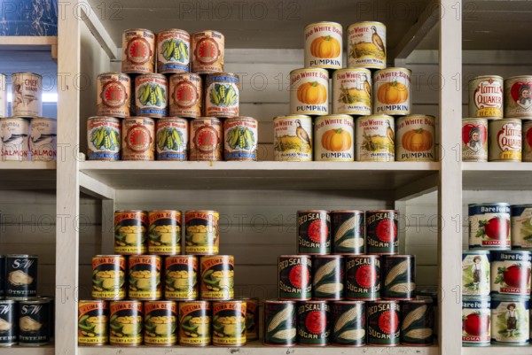 Interior view, historic restored Kennicott shopping store with historic goods display, retro food