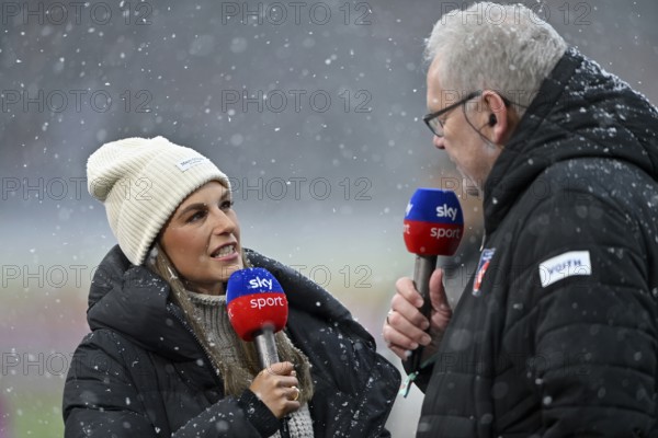 SKY reporter presenter Mara Mones wears cap in interview microphone micro logo with CEO managing