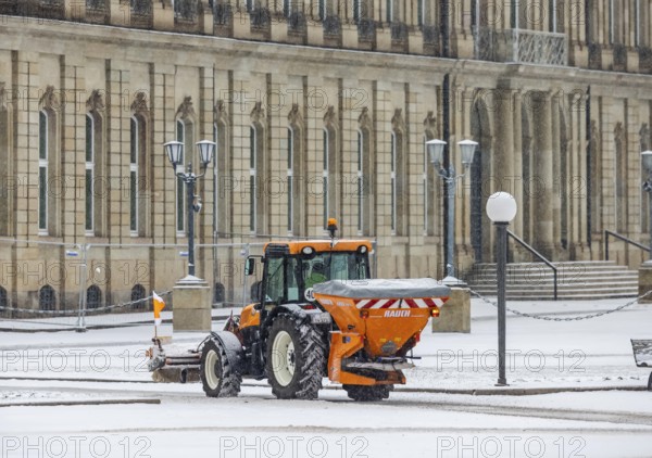 Winter in Stuttgart. There is a closed blanket of snow in the city center. Winter cleaning service