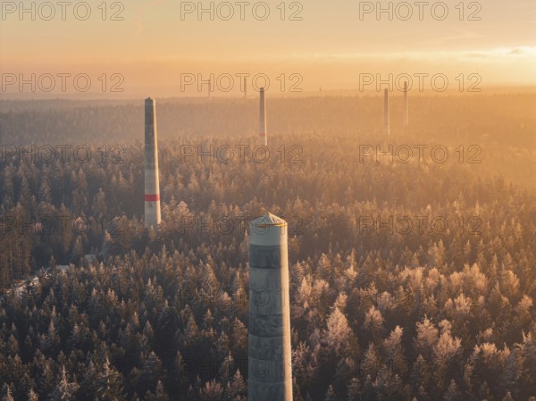 Wind turbine towers rise above a sea of forest, soft shades of fog characterize the twilight hour,