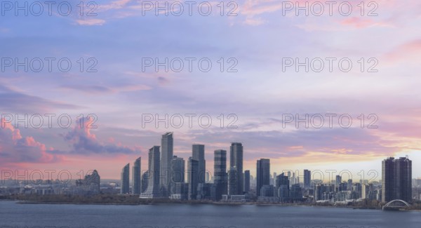 Scenic Etobicoke skyline of newly built condos and businesses near Gardiner Highway and downtown