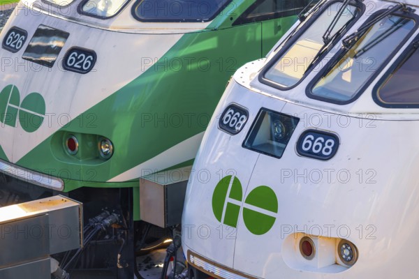 Toronto, Ontario, Canada-June 2, 2025: Toronto Go Train arriving at a platform at Union station