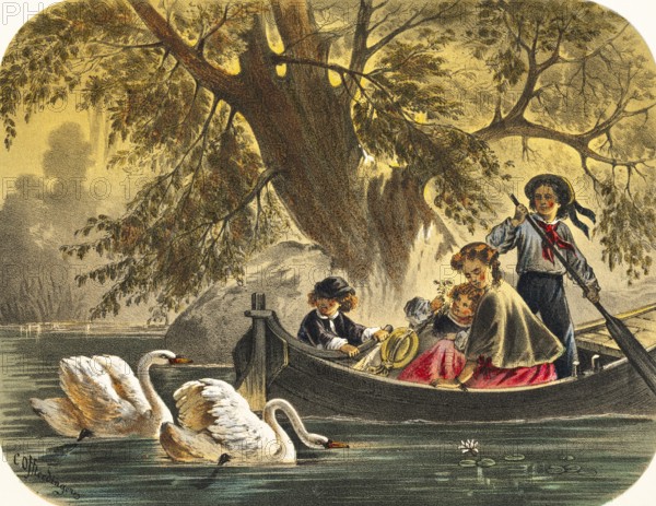 Mother with her two children on a boat trip across a lake, young man rows and steers the boat, girl