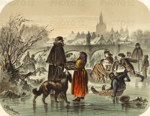 Frosty winter time, poor girl selling pretzel on the frozen river, cityscape with church and river